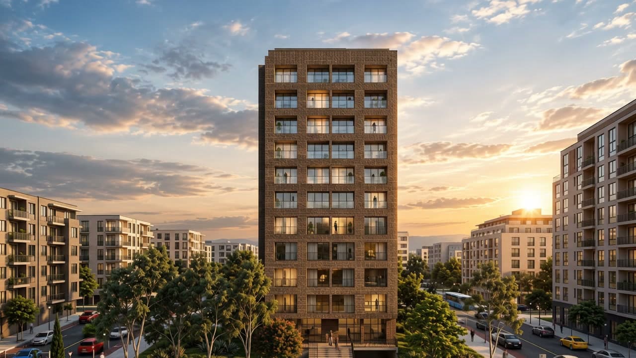 Torre Ocre al atardecer: fachada de ladrillo entre árboles y la avenida.